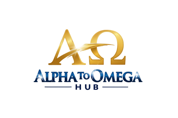 Alpha to Omega Hub logo with gold letters on a white background